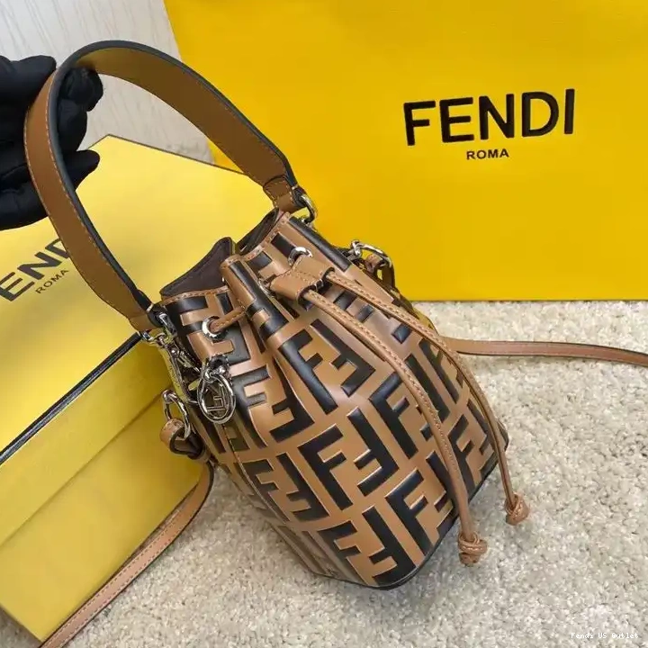 Affordable FF Mini In Khaki Bag Bucket Calf Motif Tresor Fendi Mon Leather 0404 HOT SALE